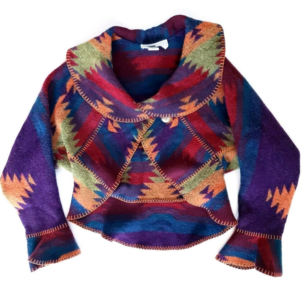 Rhonda Stark Womens Sz M Wool Blend Dolman Sleeve Aztec Print Cropped Cardigan